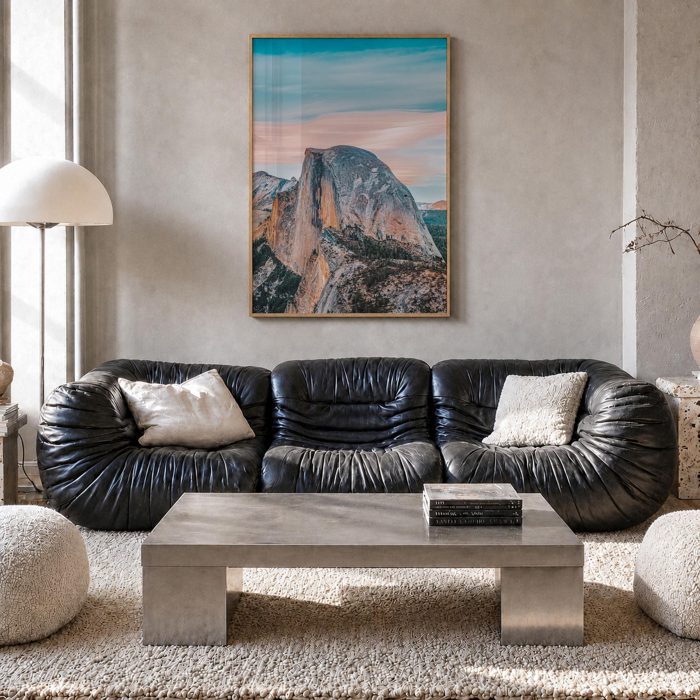 Half Dome colorful photo poster of Yosemite, California – vertical wall art in natural wood frame, hanging on wall