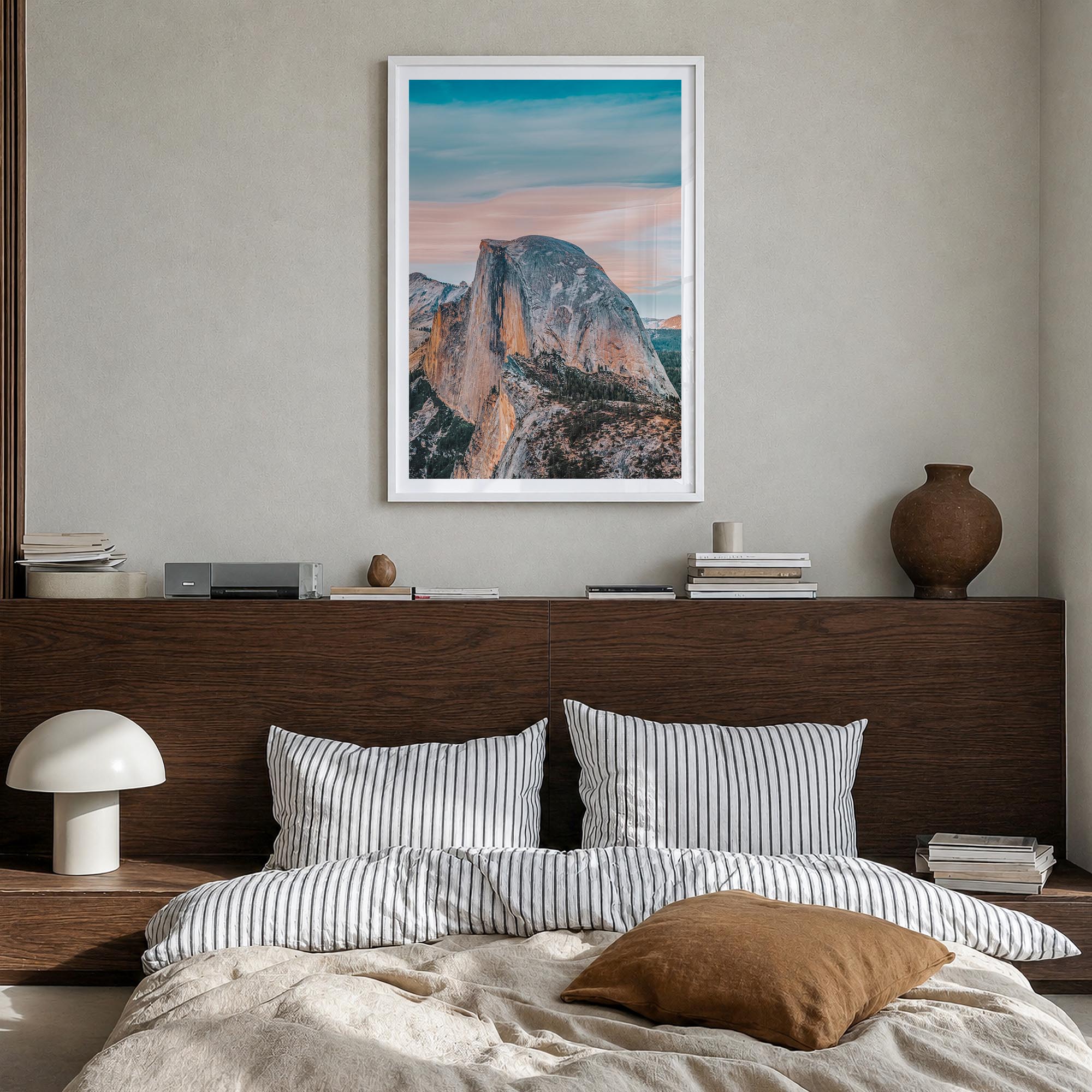 Half Dome colorful photo poster of Yosemite, California – vertical wall art in white wood frame with white border, hanging on