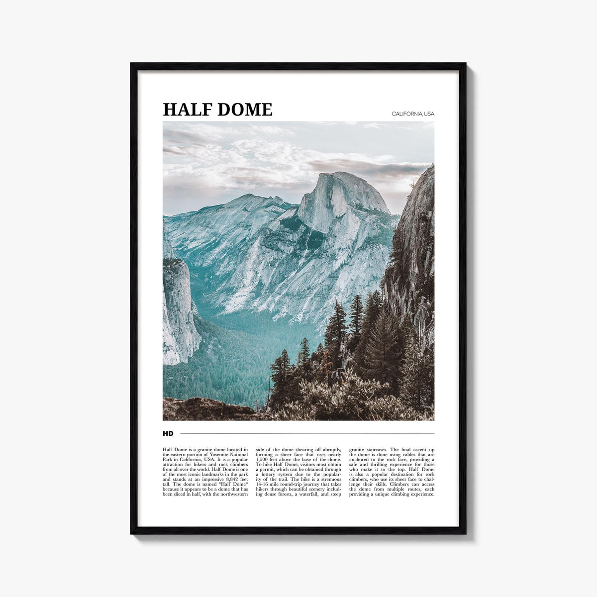 Half Dome colorful travel poster of Yosemite, California – vertical wall art, unframed print shown in interior mockup