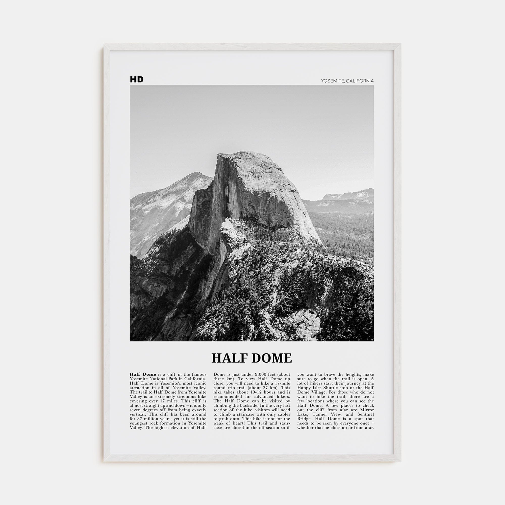 Half Dome Poster White Wood / 8x12 in Nbourhood Travel B&W Poster