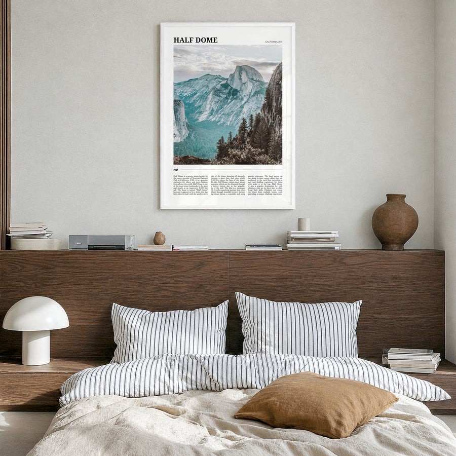 Half Dome Travel Poster in a white wood frame, hanging in a bedroom