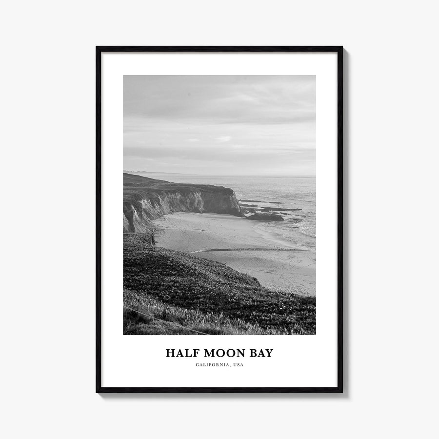 Half Moon Bay black & white classic poster of California, USA – vertical wall art, unframed print shown in interior mockup