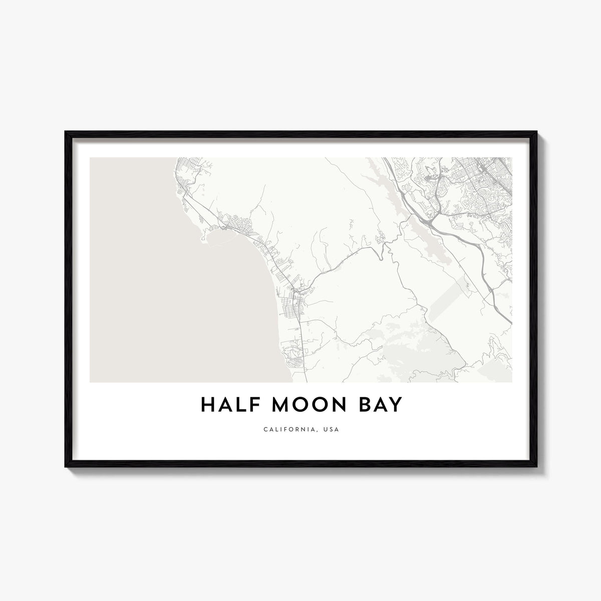 Half Moon Bay black & white map poster of California, USA – horizontal wall art, unframed print shown in interior mockup