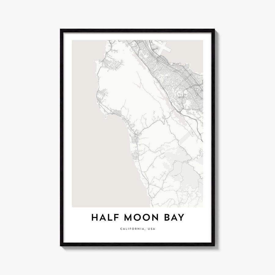 Half Moon Bay black & white map poster of California, USA – vertical wall art, unframed print shown in interior mockup