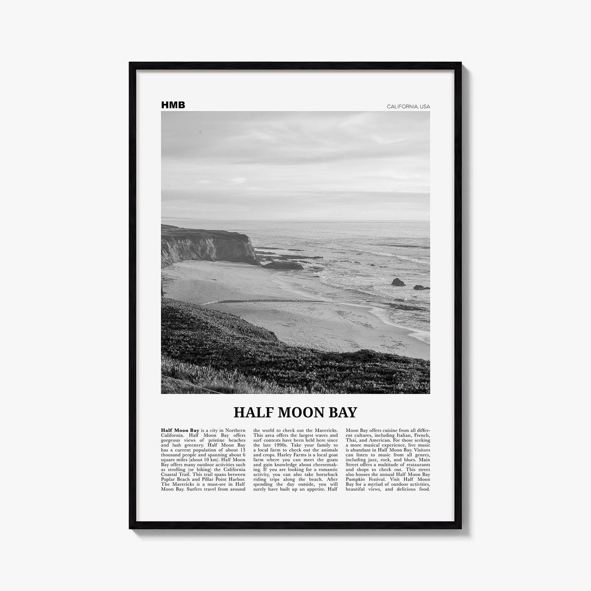 Half Moon Bay black & white newspaper poster of California, USA – vertical wall art, unframed print shown in interior mockup