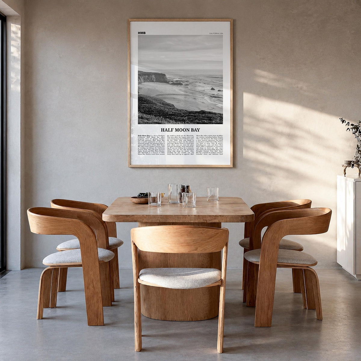 Half Moon Bay black & white newspaper poster of California, USA – vertical wall art in natural wood frame, hanging on wall