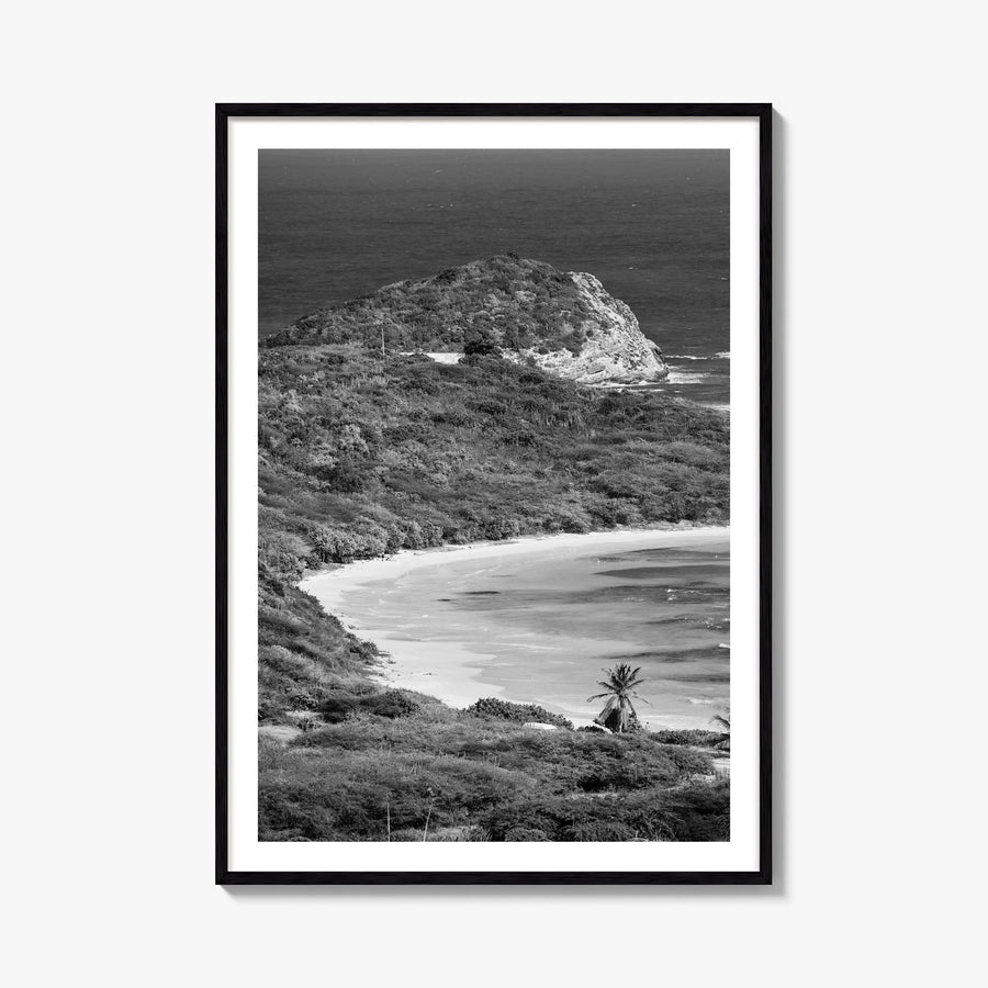 Half Moon Bay black & white photo poster of California, USA – vertical wall art, unframed print shown in interior mockup