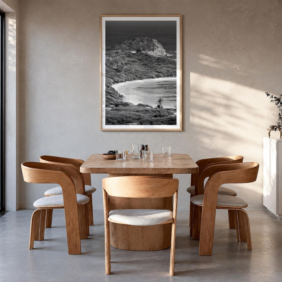 Half Moon Bay black & white photo poster of California, USA – vertical wall art in natural wood frame with white border, hang