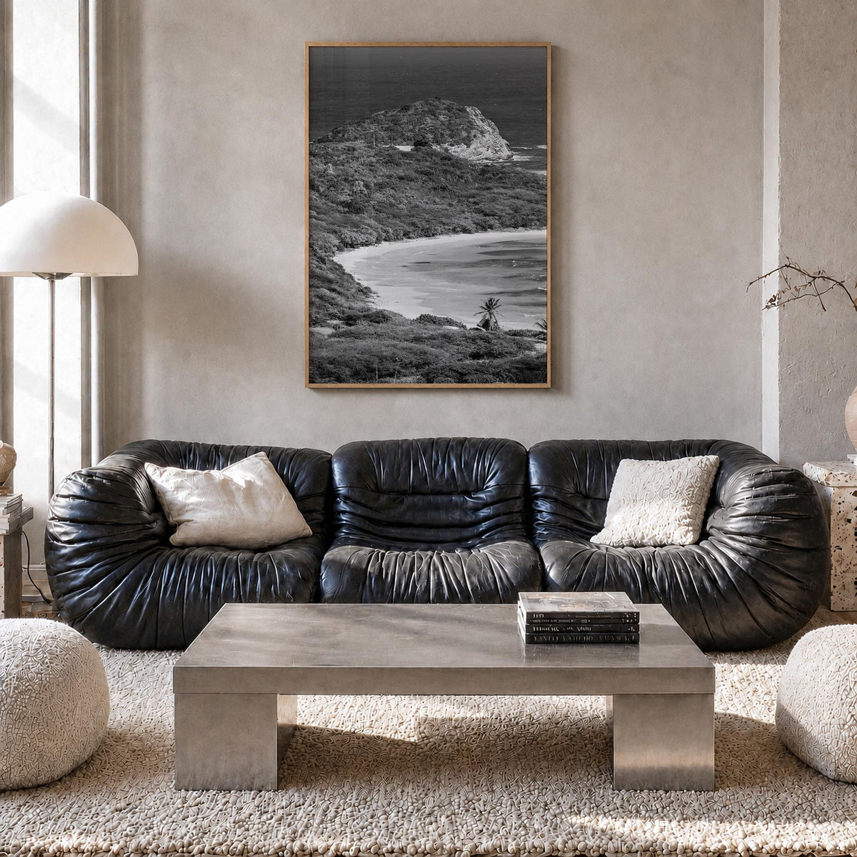 Half Moon Bay black & white photo poster of California, USA – vertical wall art in natural wood frame, hanging on wall