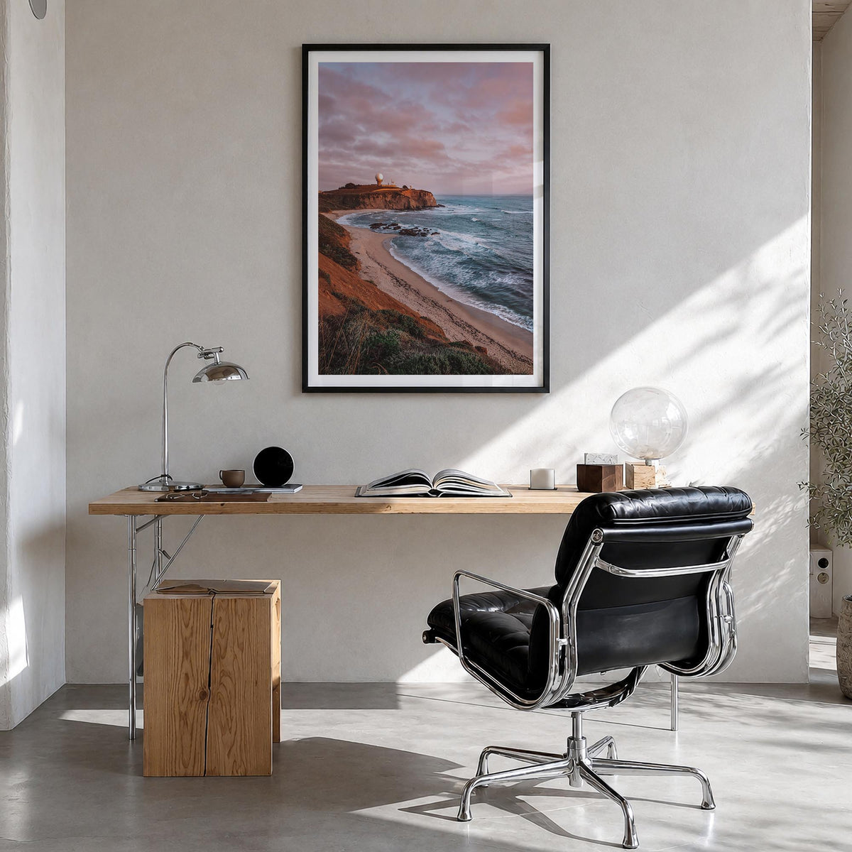 Half Moon Bay colorful photo poster of California, USA – vertical wall art in black wood frame with white border, hanging on 