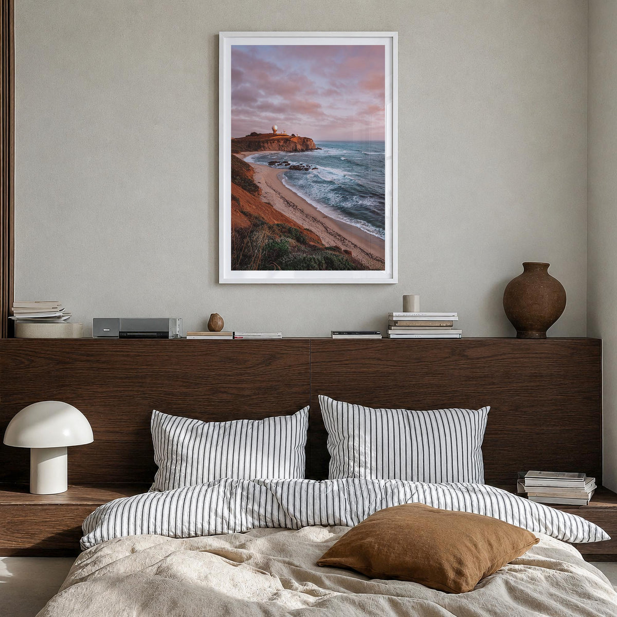 Half Moon Bay colorful photo poster of California, USA – vertical wall art in white wood frame with white border, hanging on 