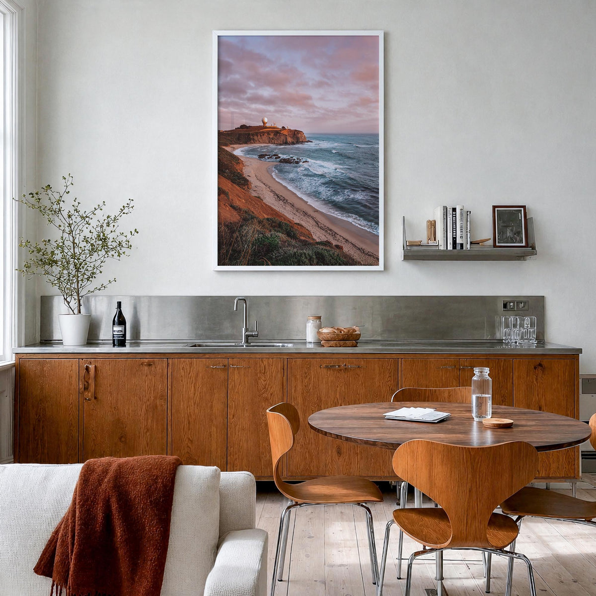 Half Moon Bay colorful photo poster of California, USA – vertical wall art in white wood frame, hanging on wall