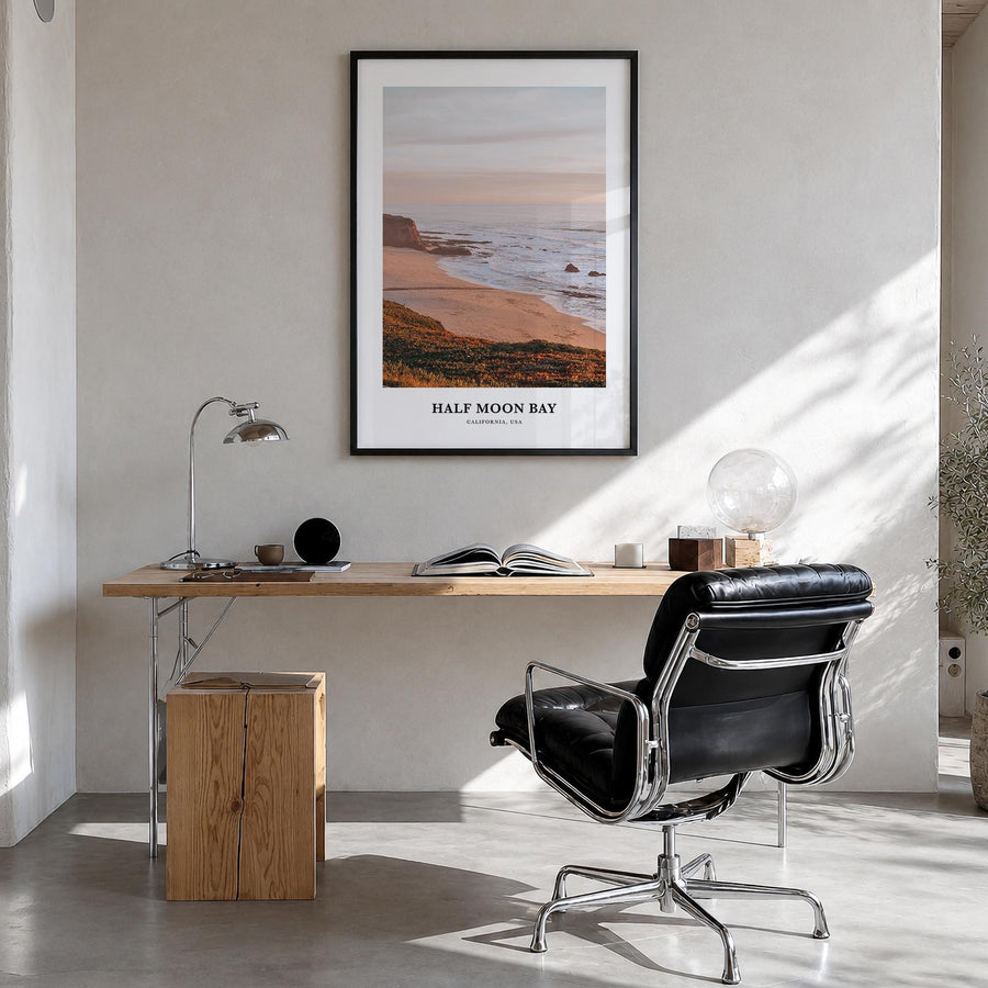 Half Moon Bay no. 1 colorful classic poster of California, USA – vertical wall art in black wood frame, hanging on wall