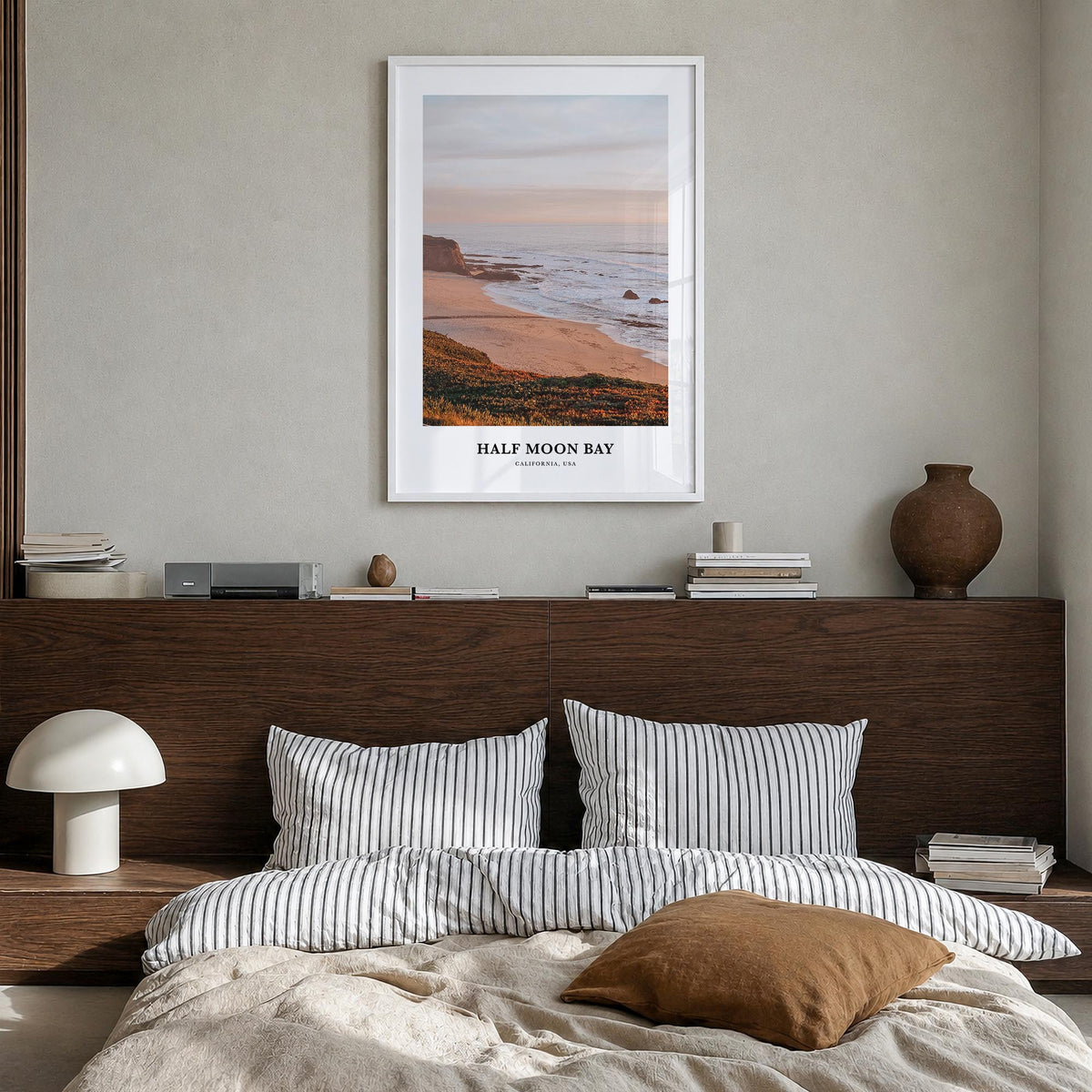 Half Moon Bay no. 1 colorful classic poster of California, USA – vertical wall art in white wood frame, hanging on wall