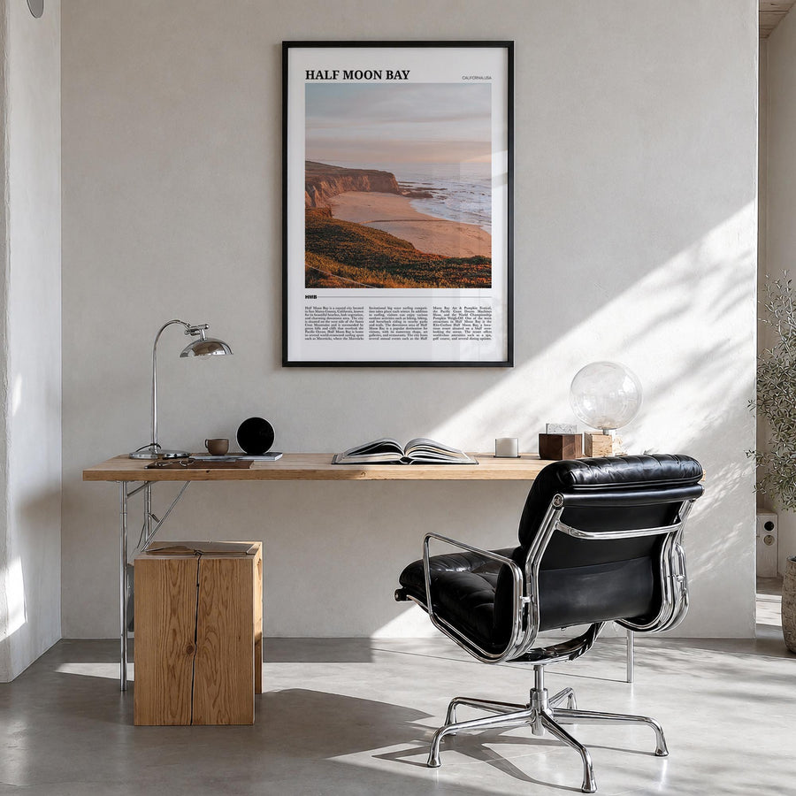 Half Moon Bay no. 1 colorful travel poster of California, USA – vertical wall art in black wood frame, hanging on wall