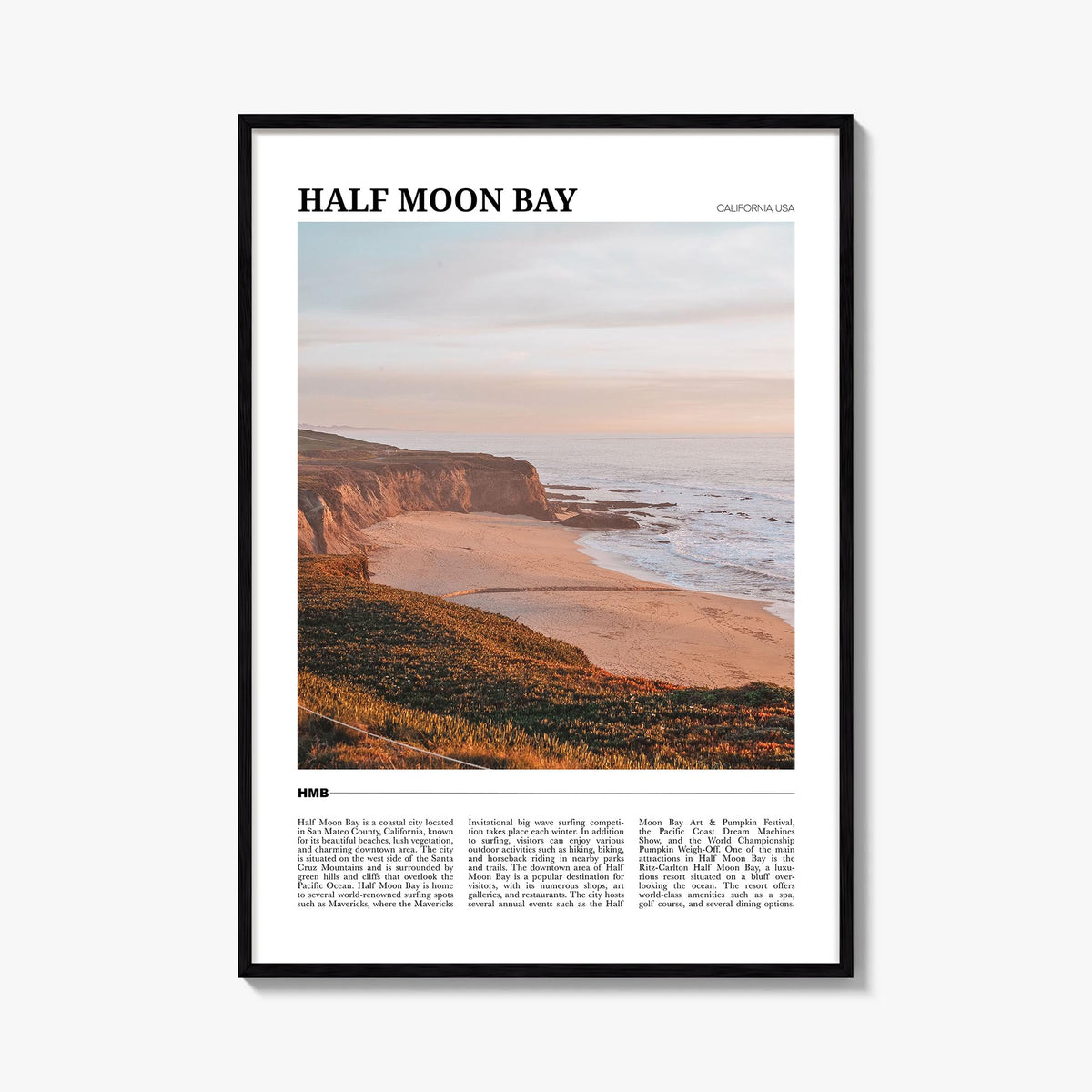 Half Moon Bay no. 1 colorful travel poster of California, USA – vertical wall art, unframed print shown in interior mockup