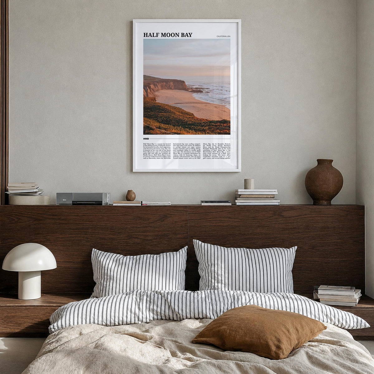 Half Moon Bay no. 1 colorful travel poster of California, USA – vertical wall art in white wood frame, hanging on wall