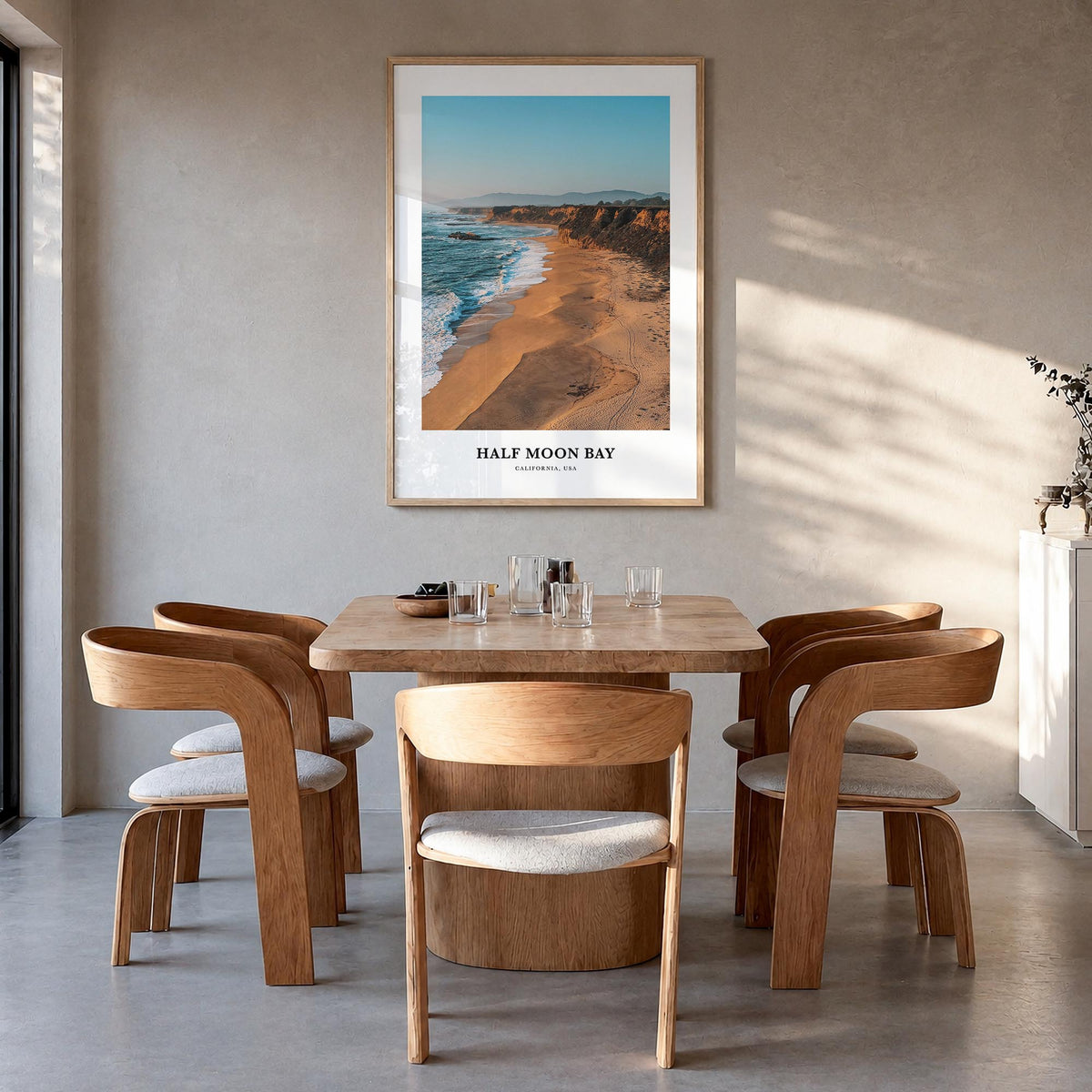 Half Moon Bay no. 2 colorful classic poster of California, USA – vertical wall art in natural wood frame, hanging on wall