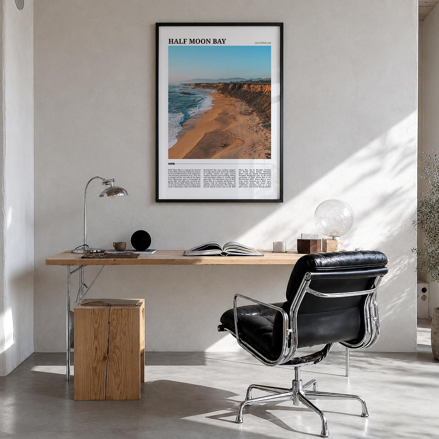 Half Moon Bay no. 2 colorful travel poster of California, USA – vertical wall art in black wood frame, hanging on wall