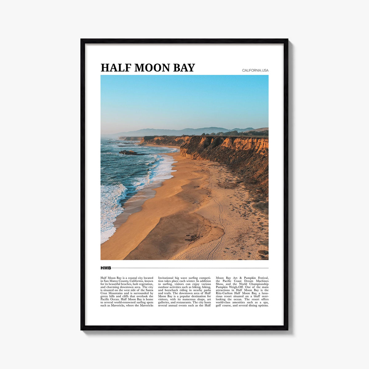 Half Moon Bay no. 2 colorful travel poster of California, USA – vertical wall art, unframed print shown in interior mockup