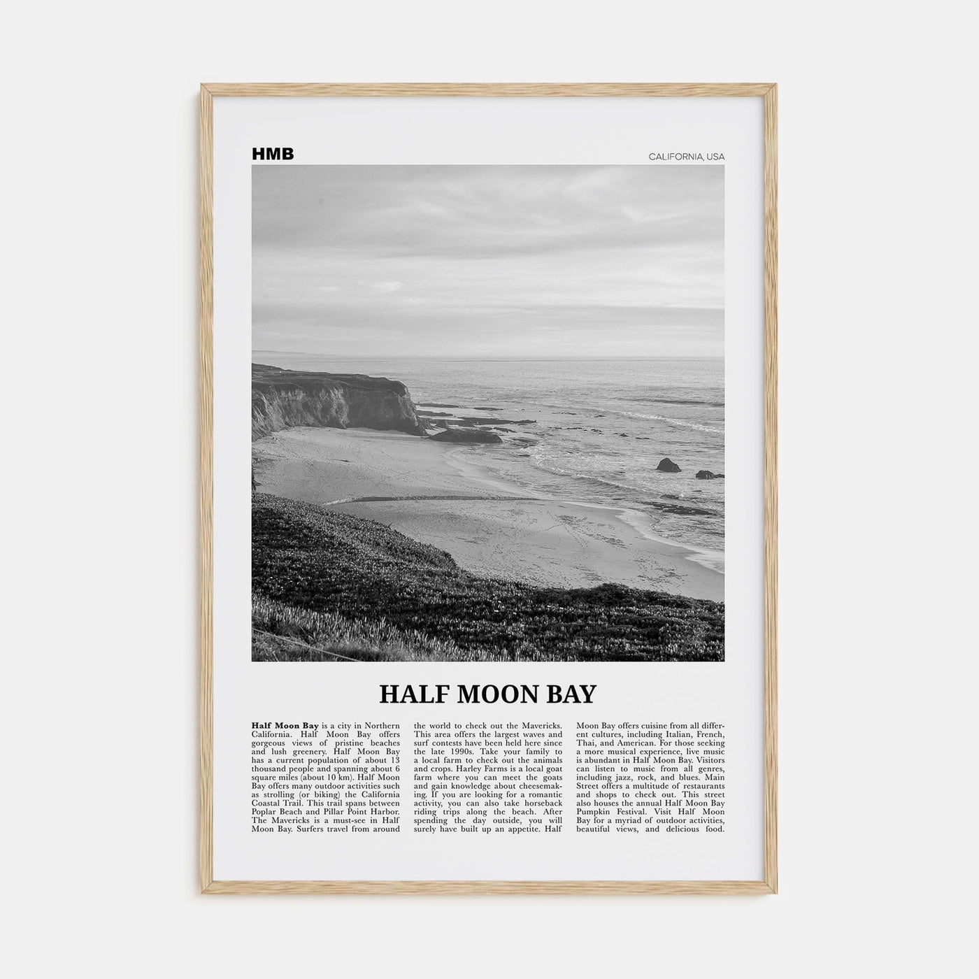 Half Moon Bay Poster Natural Wood / 8x12 in Nbourhood Travel B&W Poster