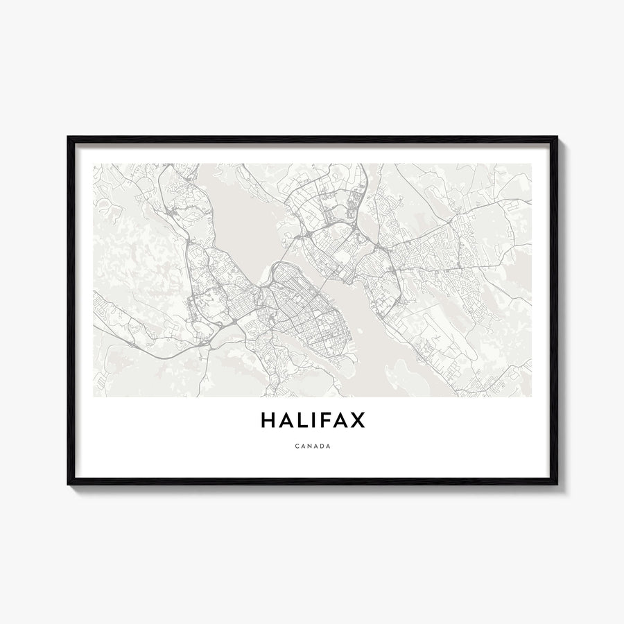 Halifax black & white map poster of Nova Scotia, Canada – horizontal wall art, unframed print shown in interior mockup