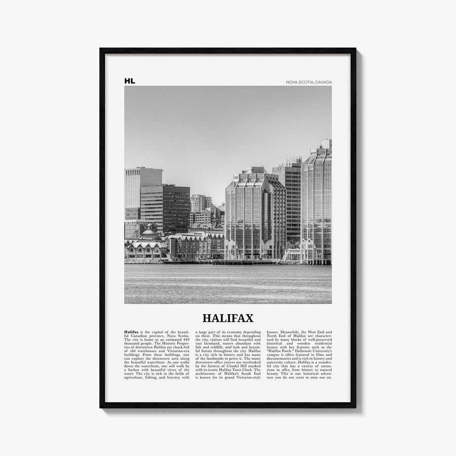 Halifax black & white newspaper poster of Nova Scotia, Canada – vertical wall art, unframed print shown in interior mockup