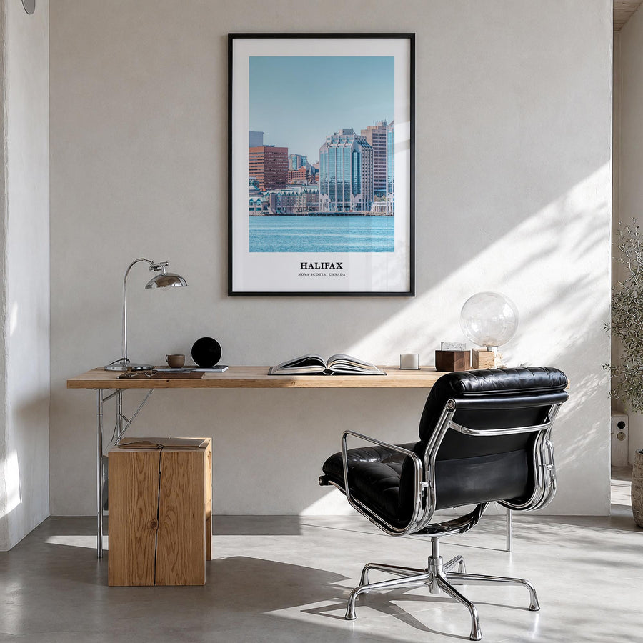 Halifax colorful classic poster of Nova Scotia, Canada – vertical wall art in black wood frame, hanging on wall