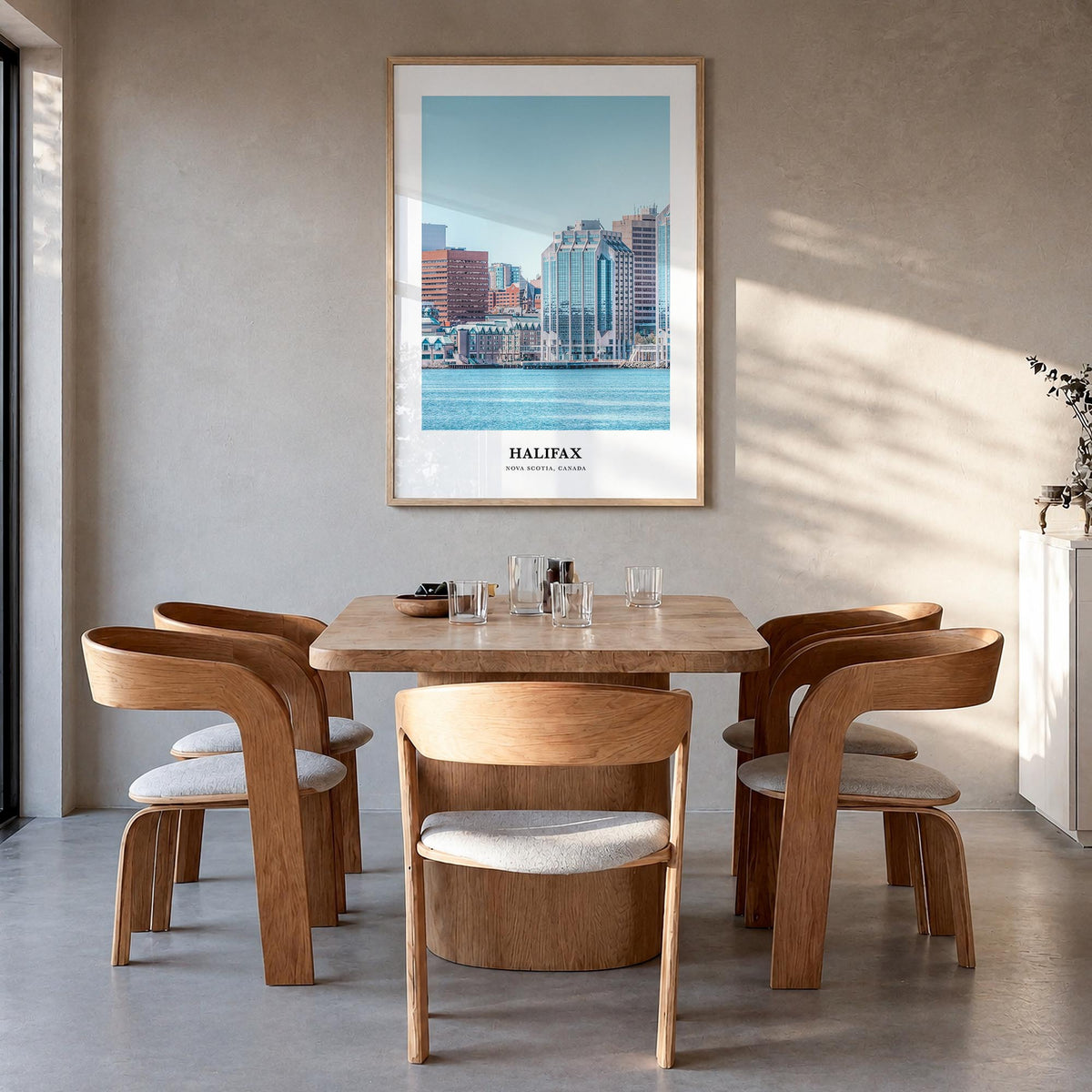 Halifax colorful classic poster of Nova Scotia, Canada – vertical wall art in natural wood frame, hanging on wall