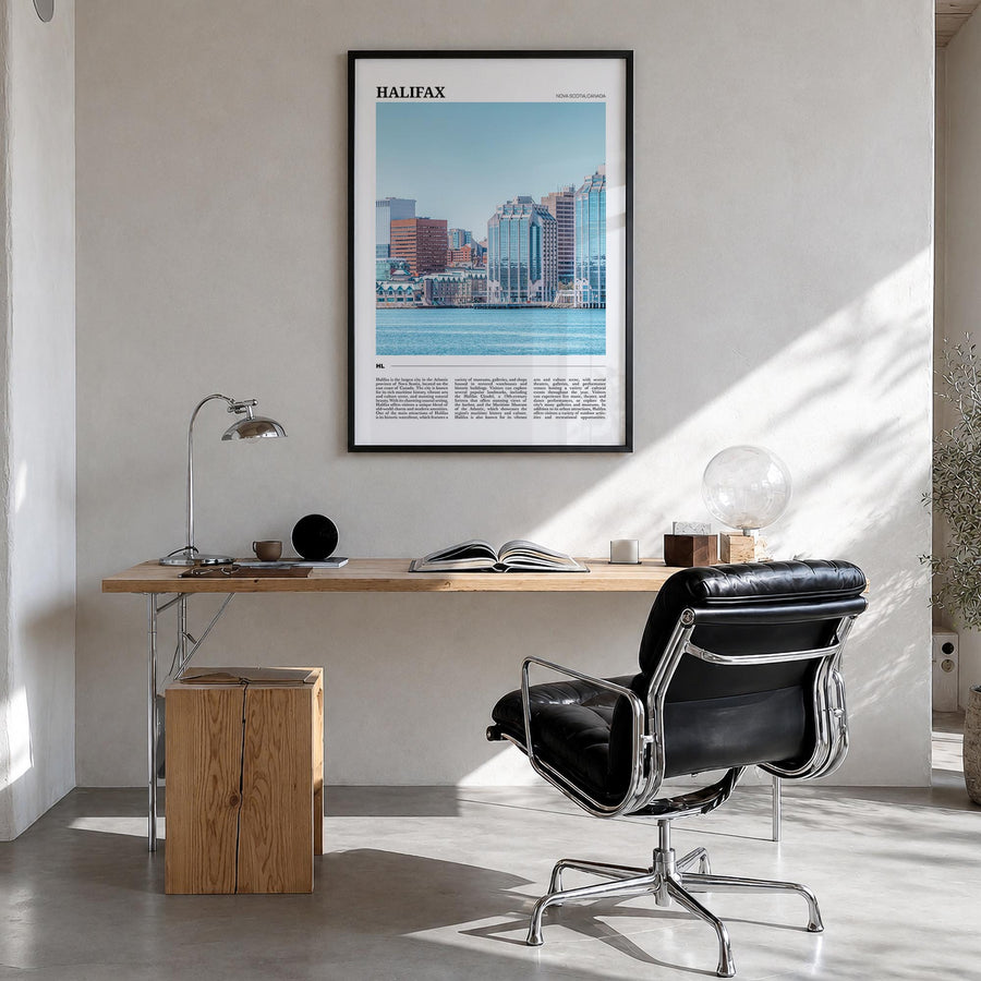 Halifax colorful travel poster of Nova Scotia, Canada – vertical wall art in black wood frame, hanging on wall
