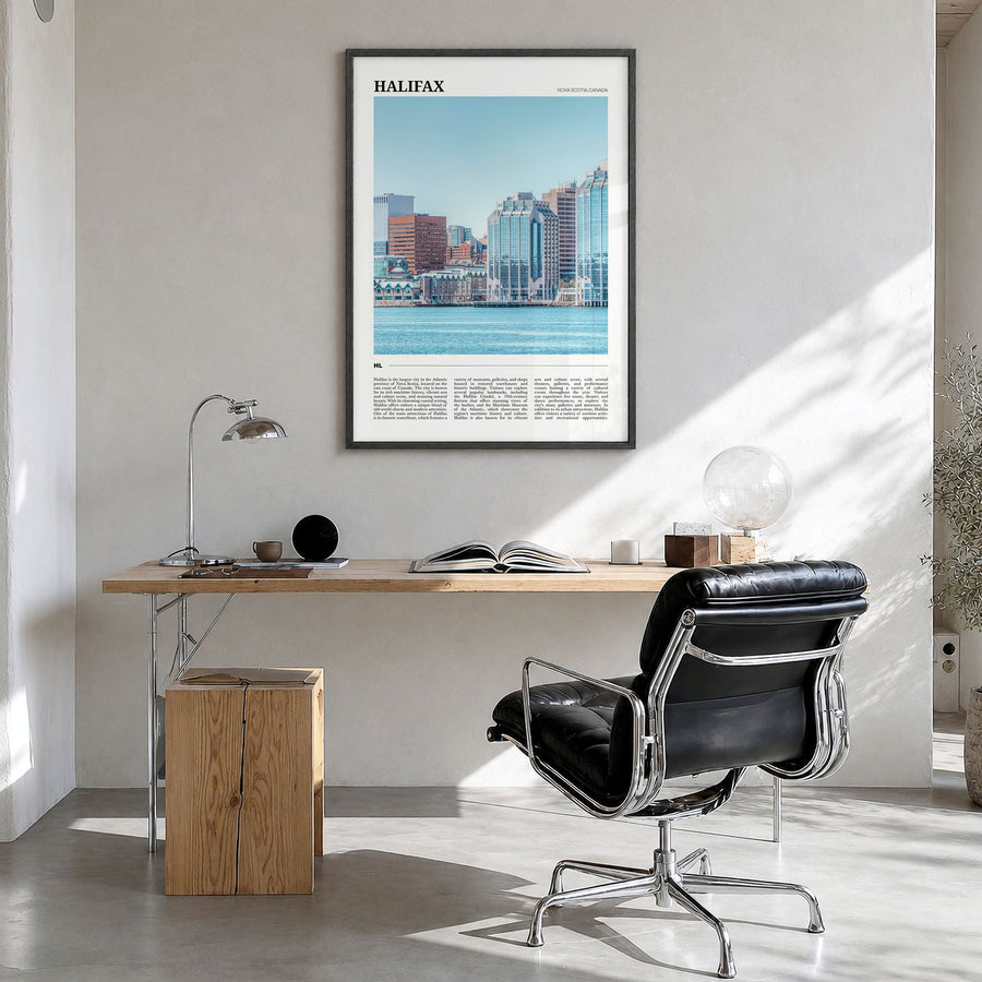 Halifax Travel Poster in a black wood frame, hanging in a bright home office