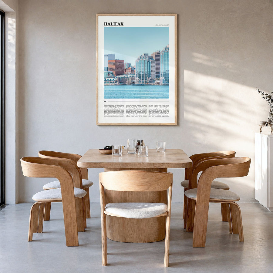 Halifax Travel Poster in a natural wood frame, hanging in a dining room
