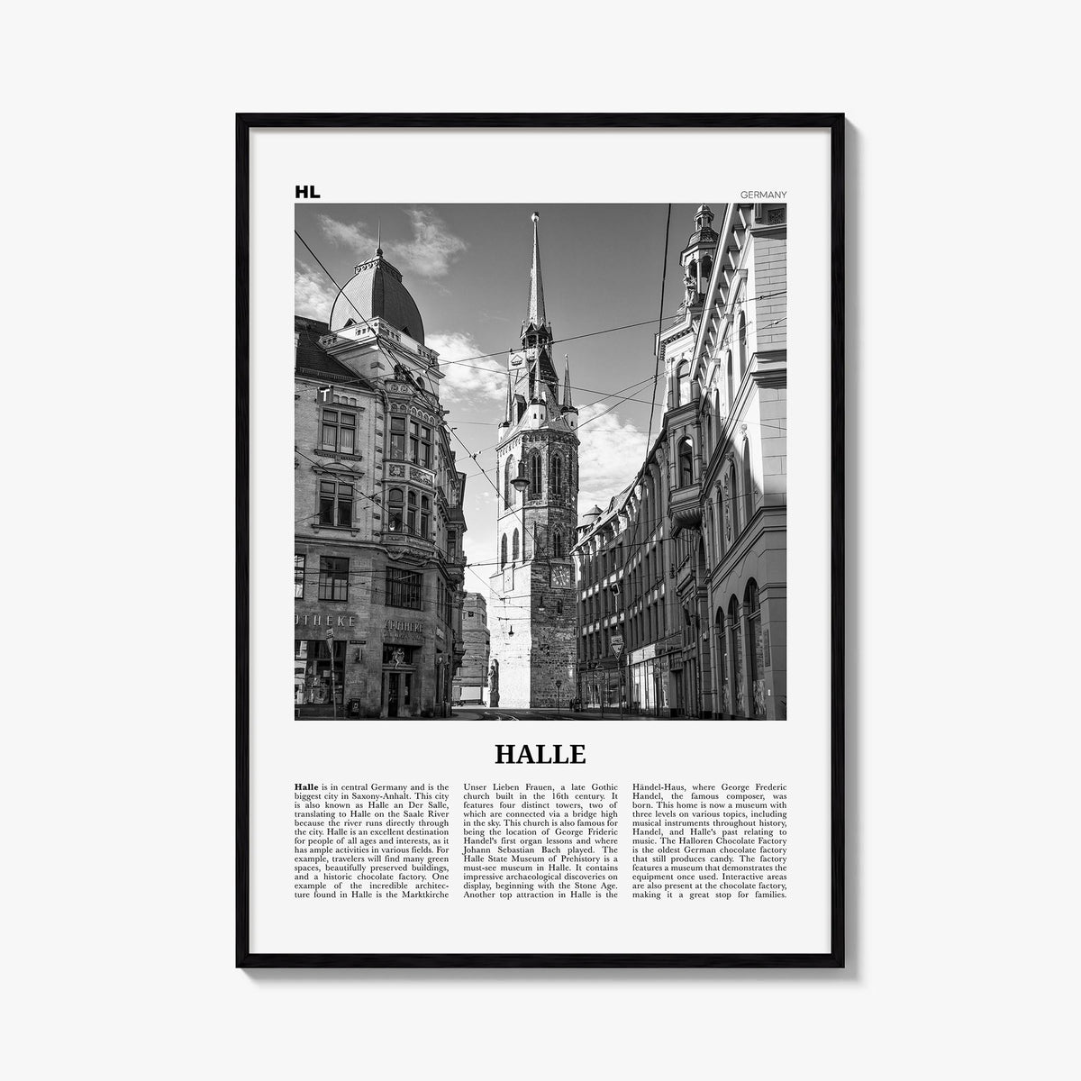 Halle black & white newspaper poster of Belgium – vertical wall art, unframed print shown in interior mockup