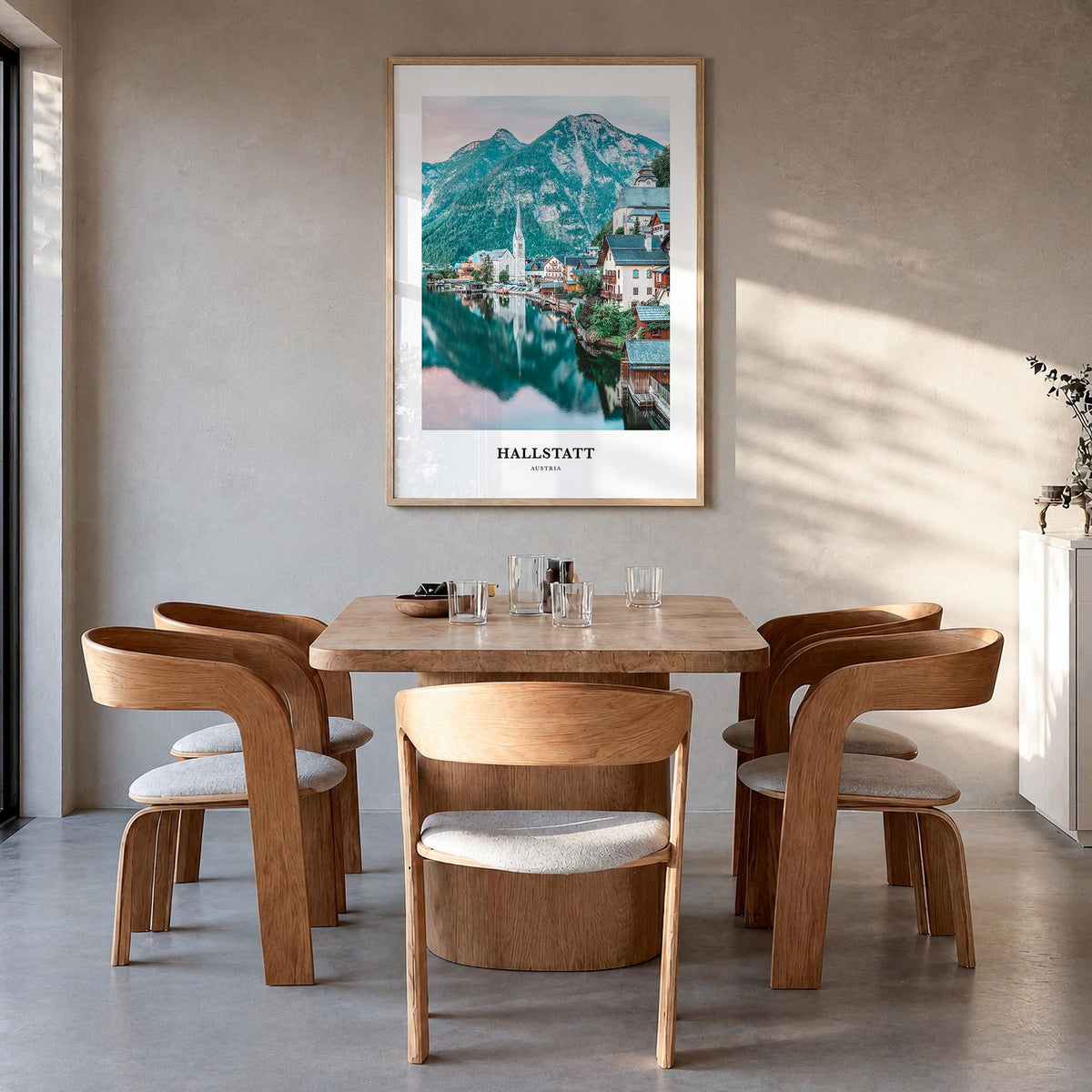 Hallstatt colorful classic poster of Austria – vertical wall art in natural wood frame, hanging on wall