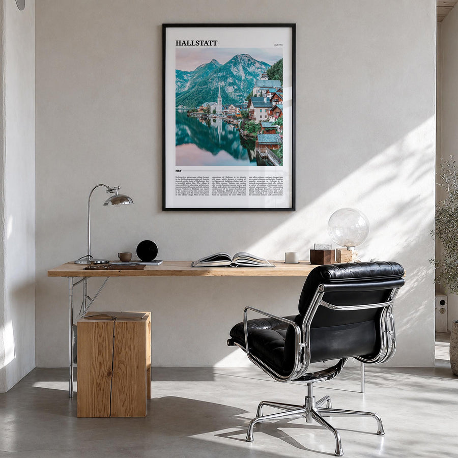 Hallstatt colorful travel poster of Austria – vertical wall art in black wood frame, hanging on wall