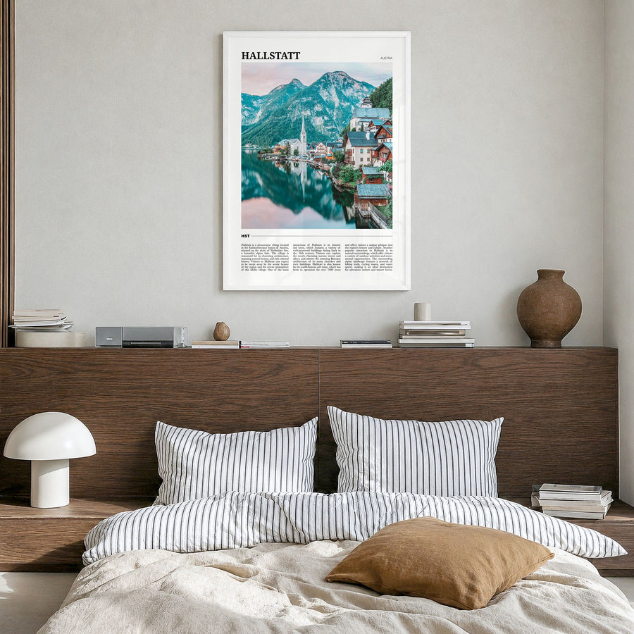Hallstatt Travel Poster in a white wood frame, hanging in a bedroom