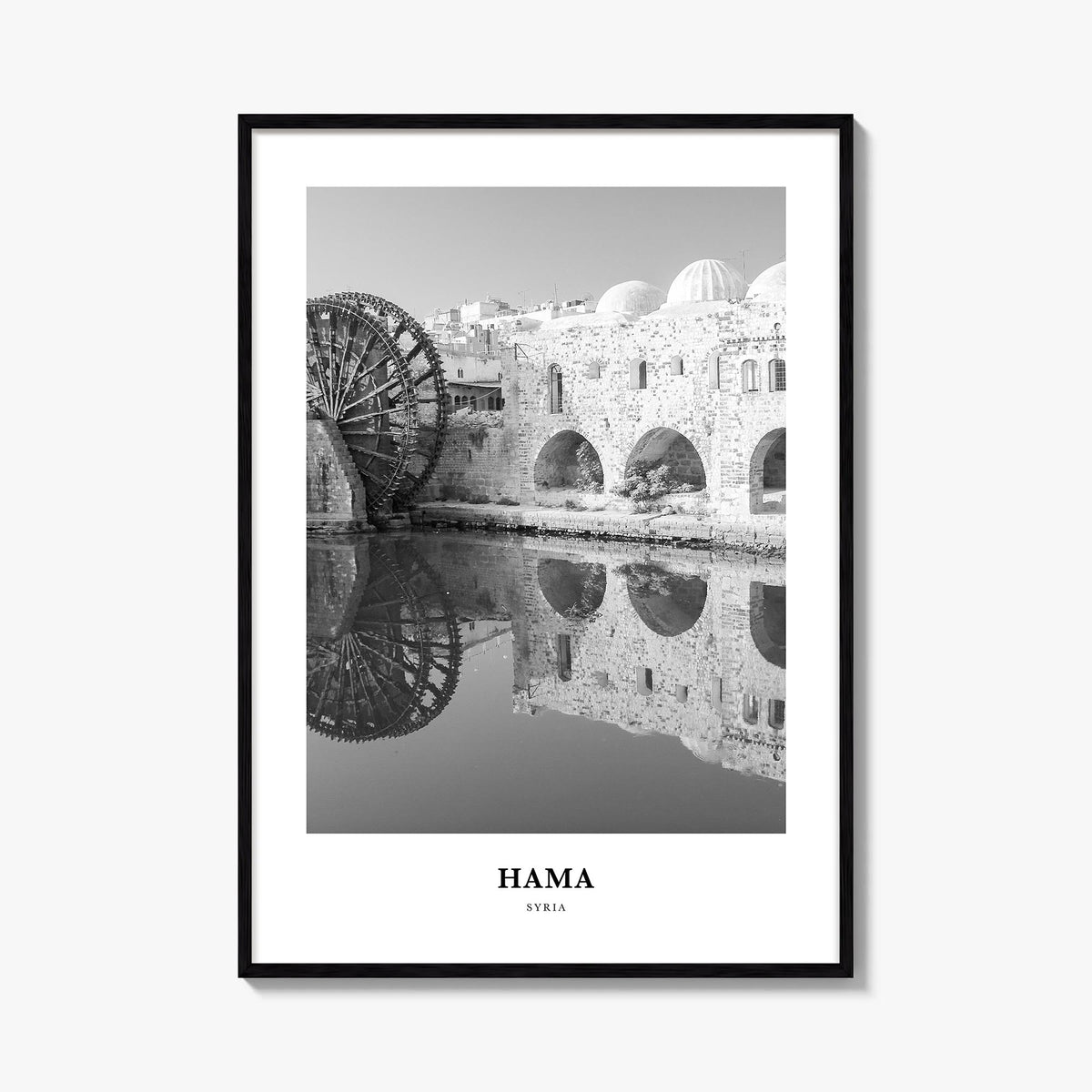 Hama black & white classic poster of Syria – vertical wall art, unframed print shown in interior mockup