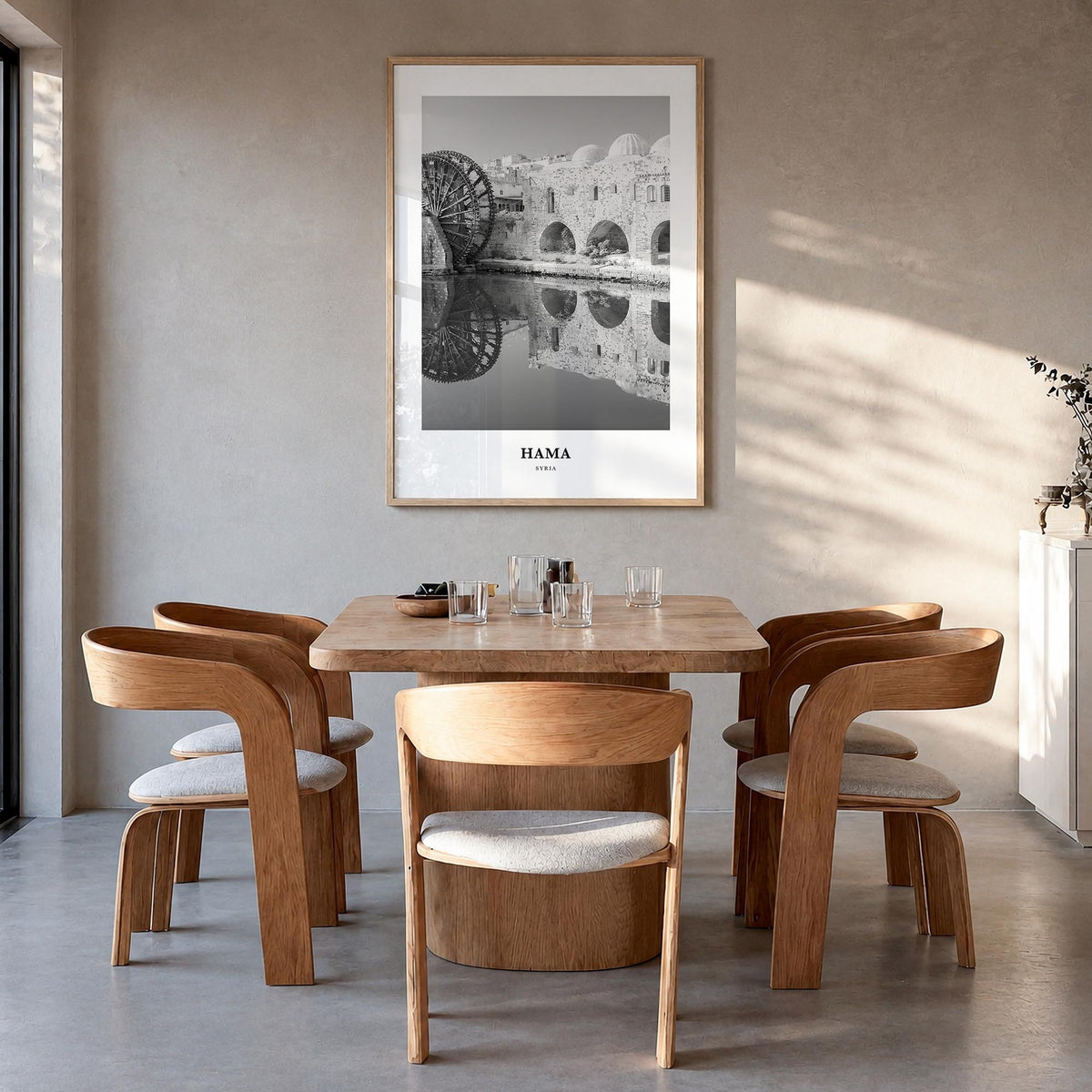 Hama black & white classic poster of Syria – vertical wall art in natural wood frame, hanging on wall