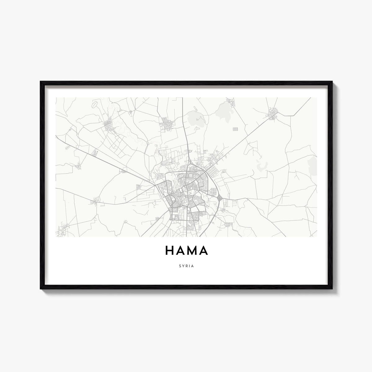 Hama black & white map poster of Syria – horizontal wall art, unframed print shown in interior mockup