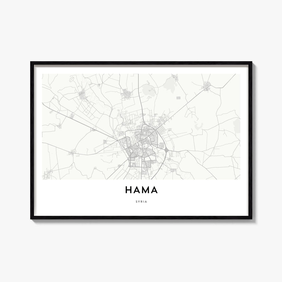 Hama black & white map poster of Syria – horizontal wall art, unframed print shown in interior mockup