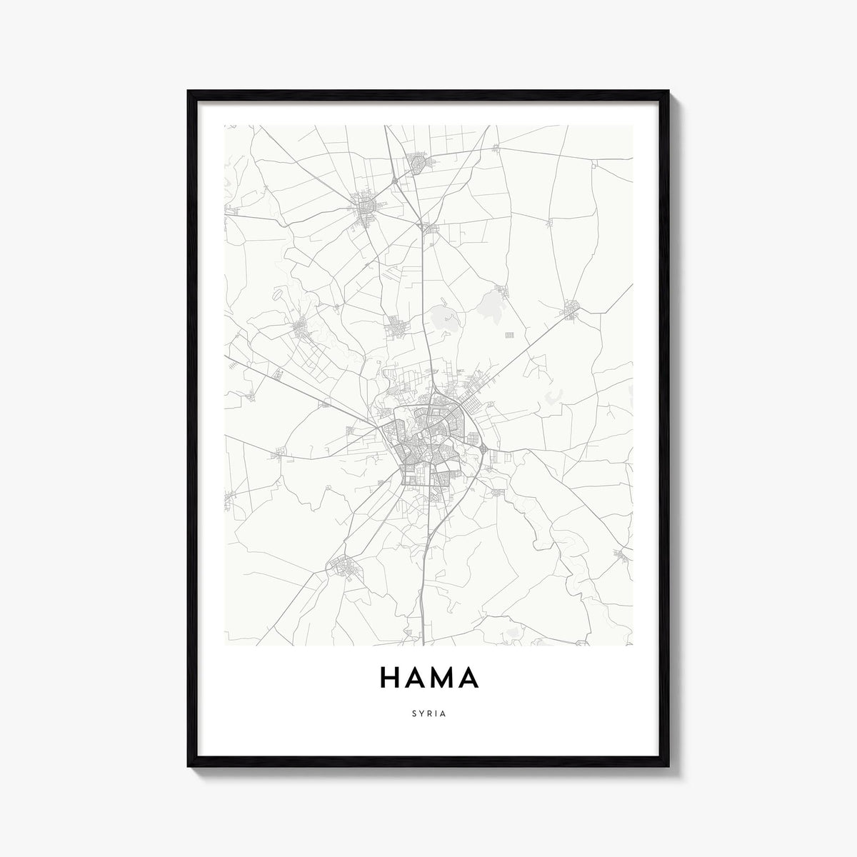 Hama black & white map poster of Syria – vertical wall art, unframed print shown in interior mockup