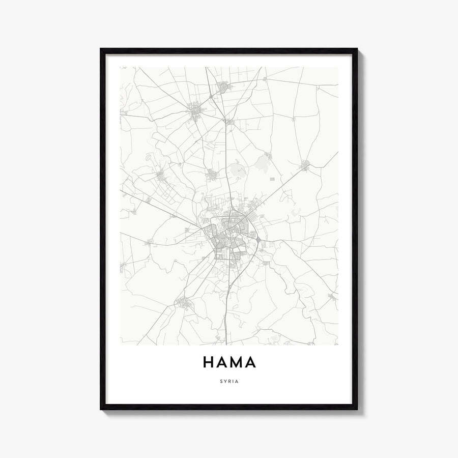 Hama black & white map poster of Syria – vertical wall art, unframed print shown in interior mockup