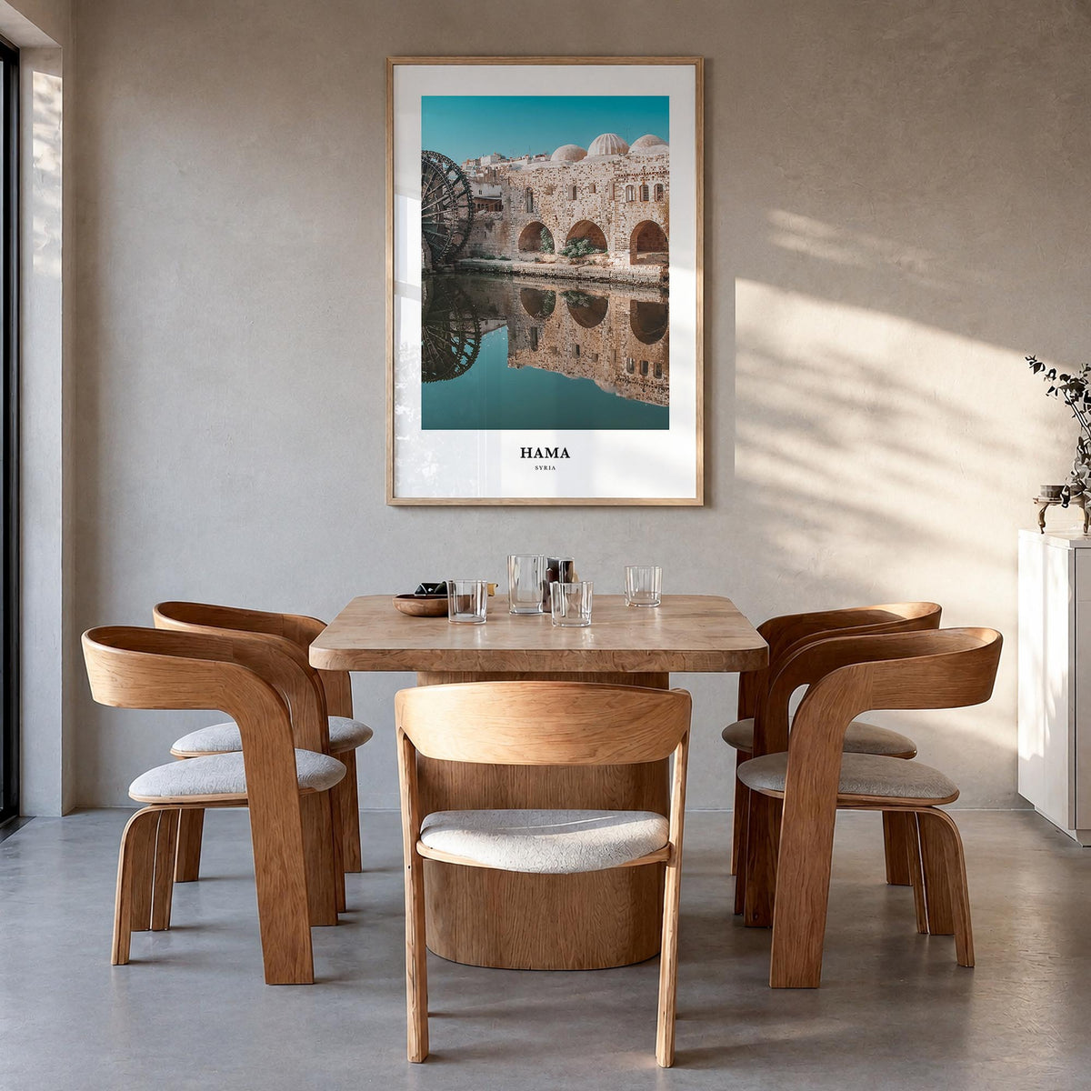 Hama colorful classic poster of Syria – vertical wall art in natural wood frame, hanging on wall