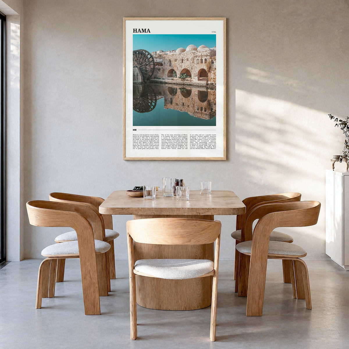 Hama Travel Poster in a natural wood frame, hanging in a dining room