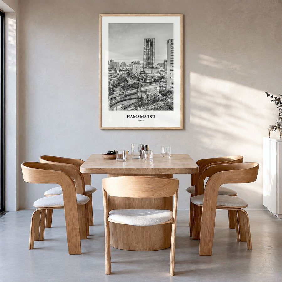 Hamamatsu Classic Poster in a natural wood frame, hanging in a dining room