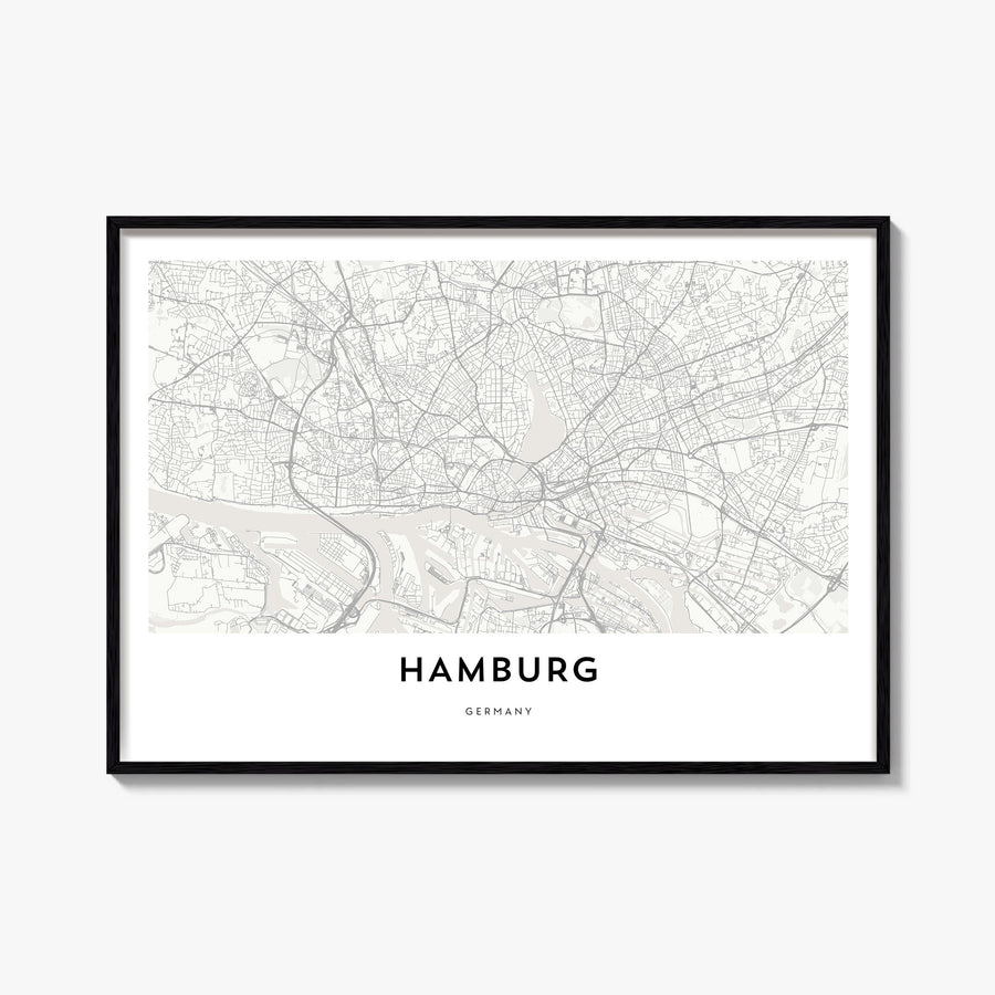 Hamburg black & white map poster of Germany – horizontal wall art, unframed print shown in interior mockup