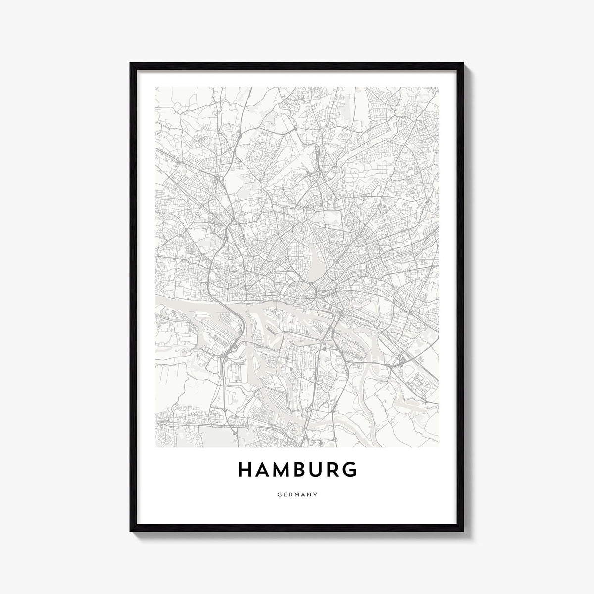 Hamburg black & white map poster of Germany – vertical wall art, unframed print shown in interior mockup