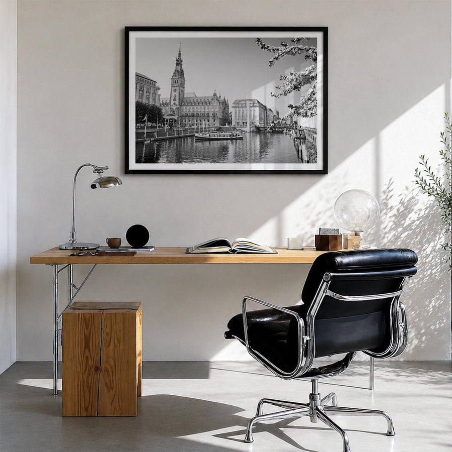 Hamburg black & white photo poster of Germany – horizontal wall art in black wood frame with white border, hanging on wall