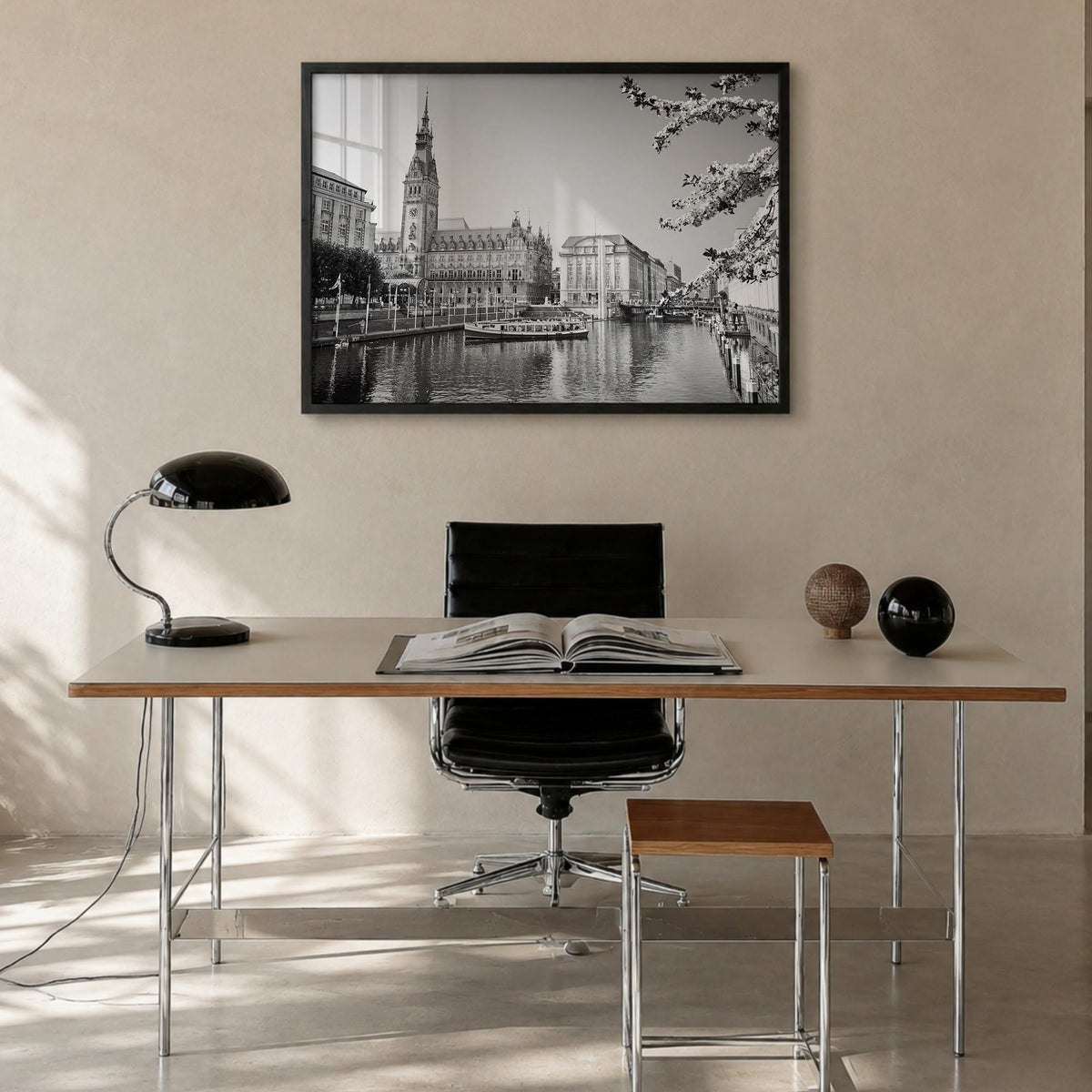 Hamburg black & white photo poster of Germany – horizontal wall art in black wood frame, hanging on wall