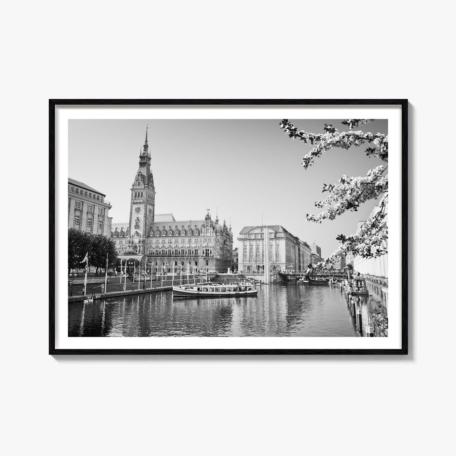 Hamburg black & white photo poster of Germany – horizontal wall art, unframed print shown in interior mockup